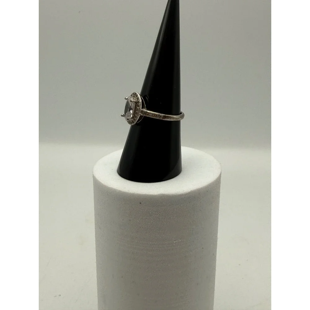IBB CN Oval Halo Ring Silver Tone Clear Stone Pavé Band Size 7